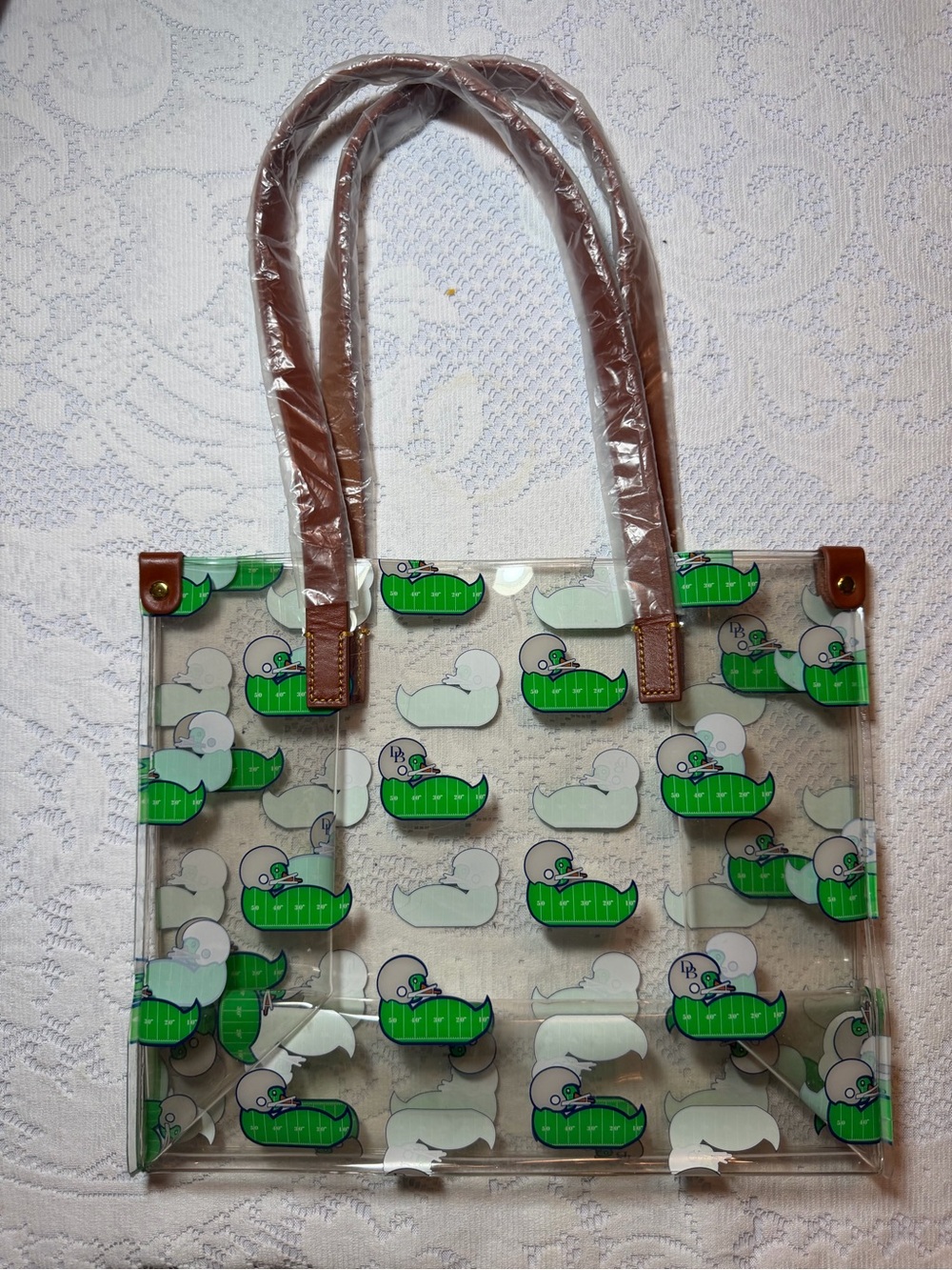 NWT DOONEY & BOURKE Clear Tote Bag with FOOTBALL DUCKS Print and Brown Handles